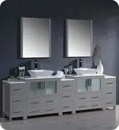 Fresca FVN62-96GR-VSL - Grey Double Sink Bathroom Vanity with 3 Side Cabinets and Vessel Sinks